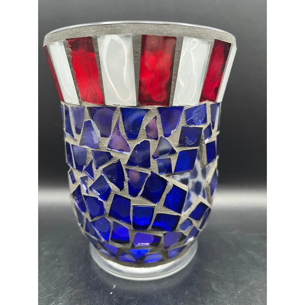 Vtg Home Interior Patriotic Mosaic Candle Holder Red White Blue‎ 5.5" x 4.25" - Picture 2 of 7